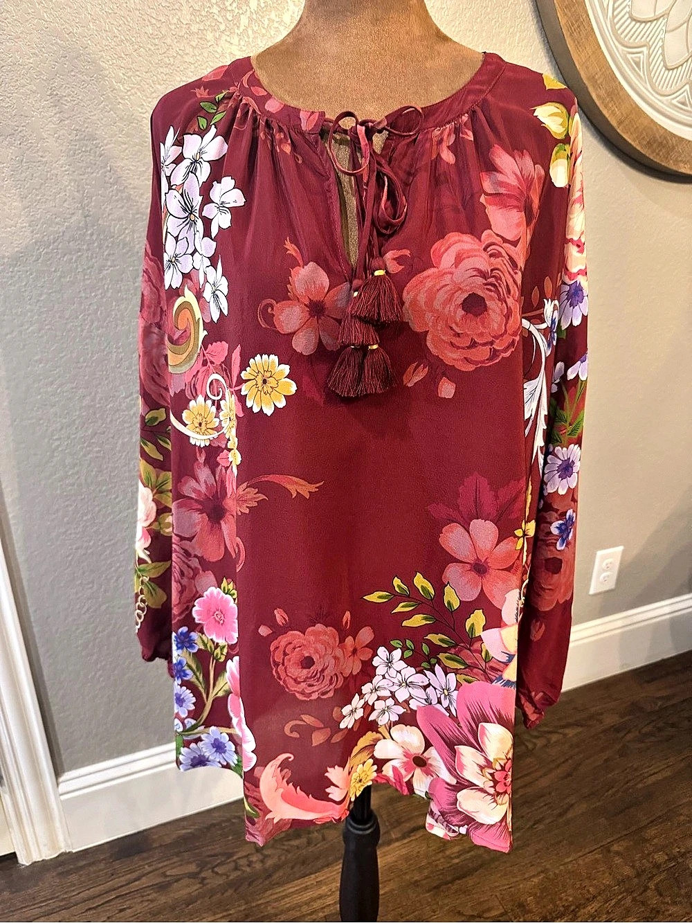 Johnny Was Margot Blouse Rolanda 100% Silk Floral Boho Tassel Tie Blouse Size 3X